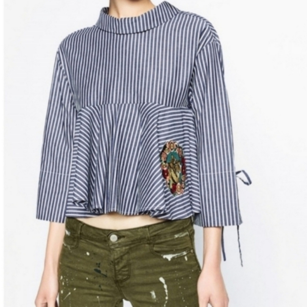 Zara 3/4 Sleeve Striped Peplum Cropped Top- size XS